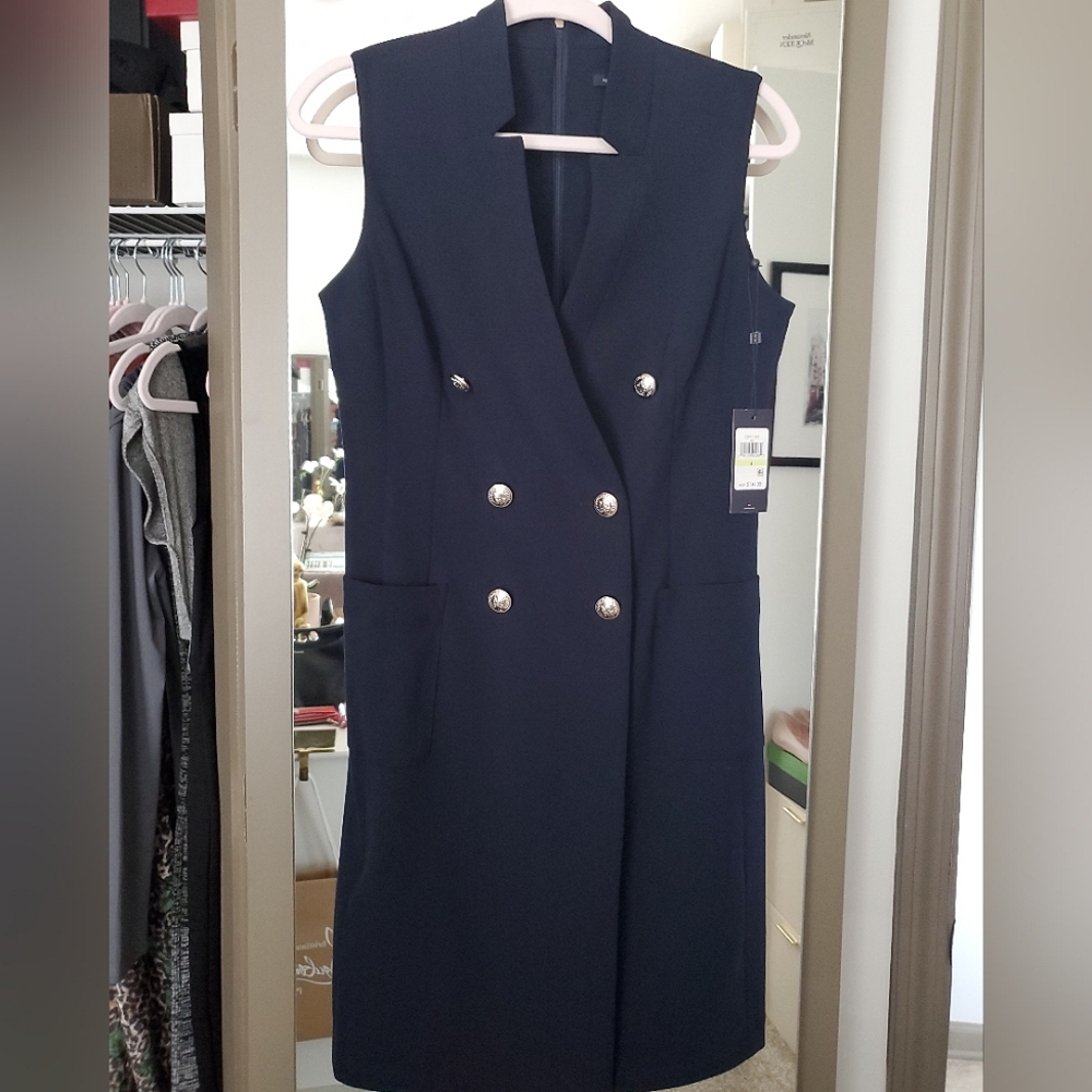 Tommy Hilfiger Navy Double-Breasted Sleeveless Vest Dress